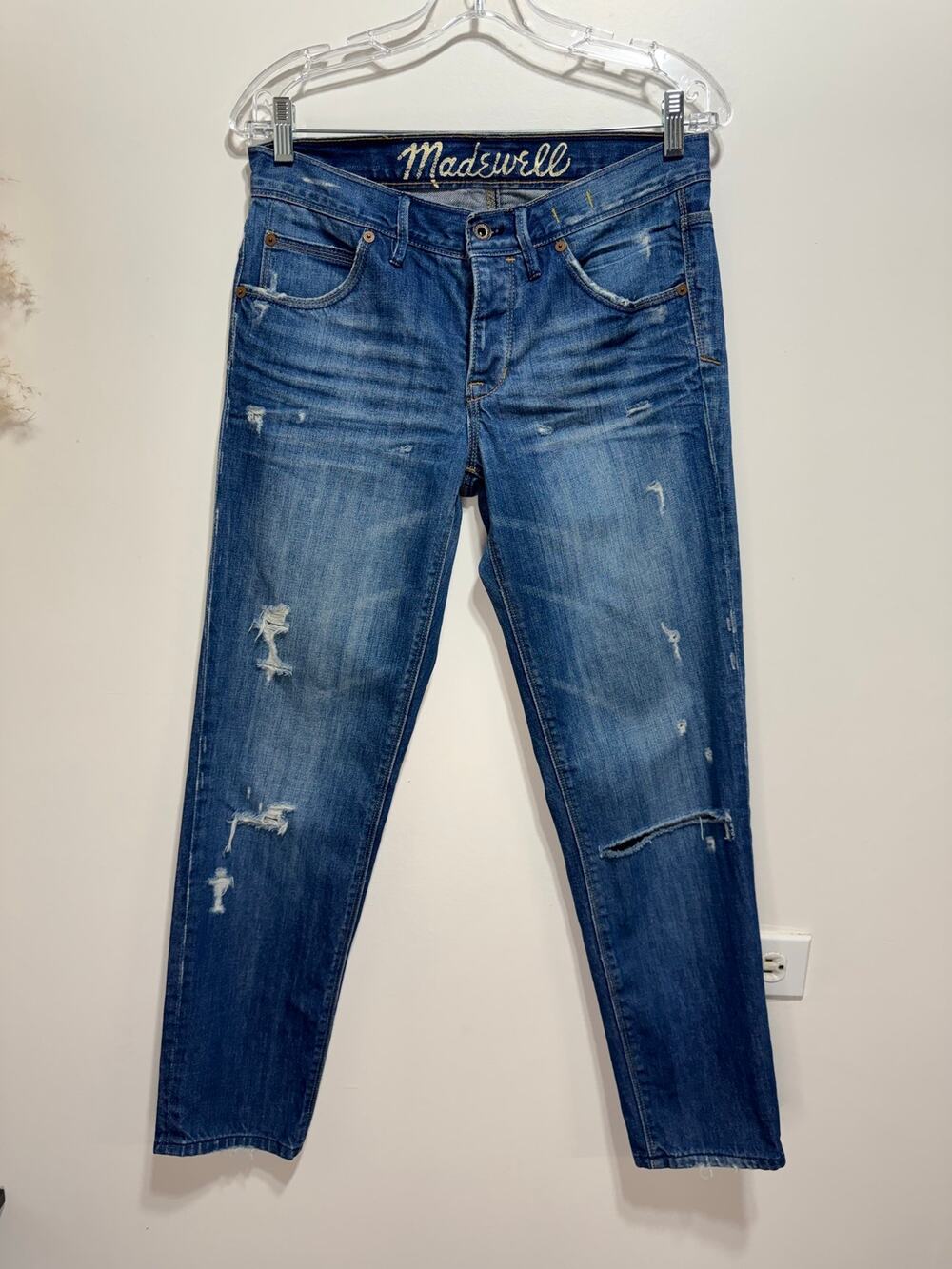 Madewell Denim Distressed Boyfriend Jeans Ripped Knee Dark Wash Blue Size 25